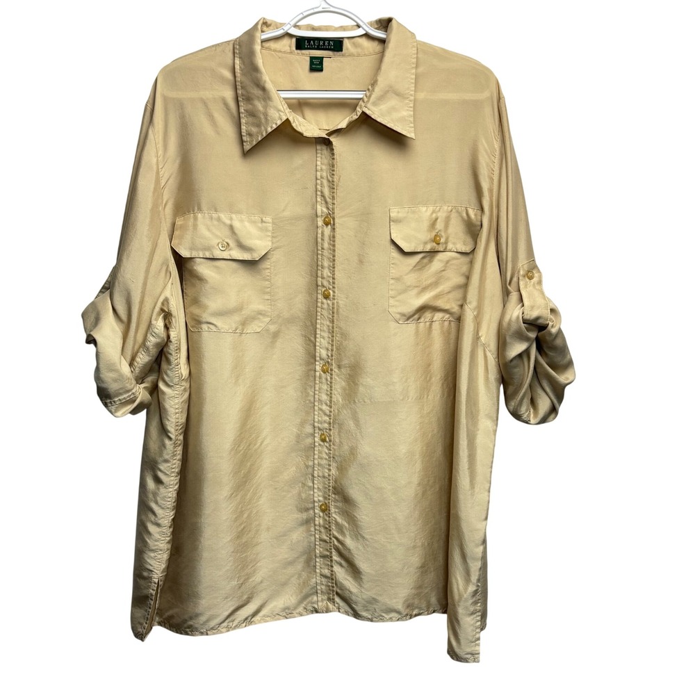 Lauren Ralph Lauren 100% Silk Button Up Shirt Beige Roll Tab Safari Utility XL